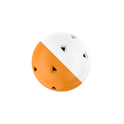 The mini training ball from Perfect Swings USA. The wiffle ball has an orange bottom and white top