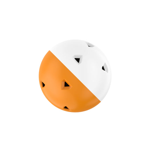 The mini training ball from Perfect Swings USA. The wiffle ball has an orange bottom and white top