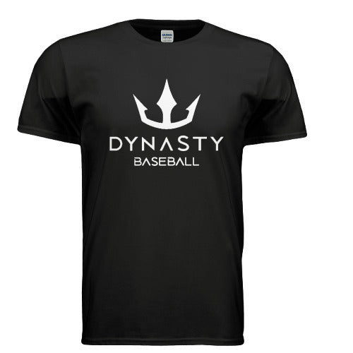 The front of a dynasty baseball t-shirt with their trident logo and brand name. A black shirt against a white backdrop