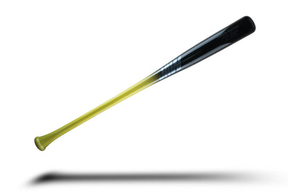 A yellow and black baseball bat on a white background