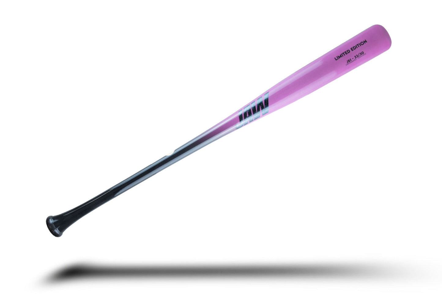 A black and pink baseball bat on a white background