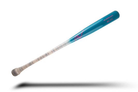 Jaw Bats pro reserve maple baseball bat in light blue with white wood stripes and pink text