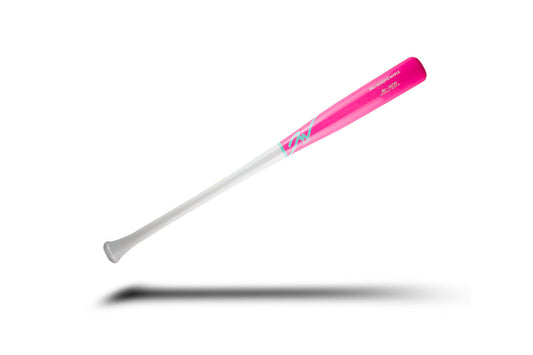 Jaw Bats pro reserve maple in hot pink and white fade with light blue text